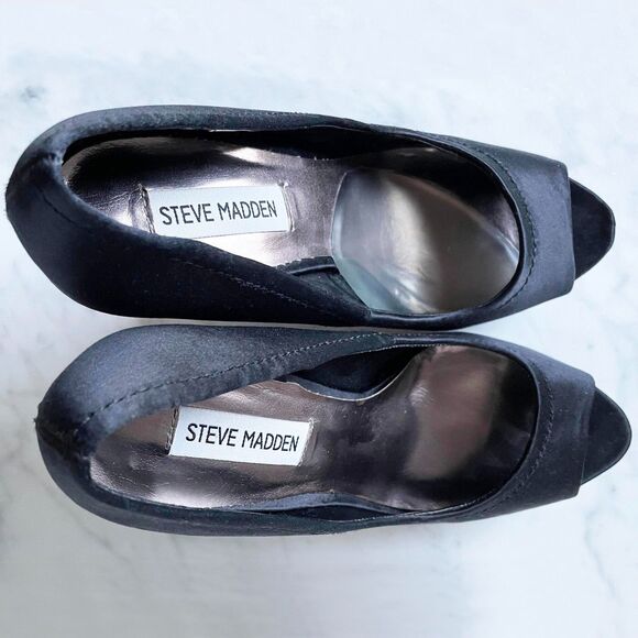 Steve Madden Feelixx Black Satin Rhinestones Peep Toe Platform Pumps Heels-8.5 - Picture 5 of 6